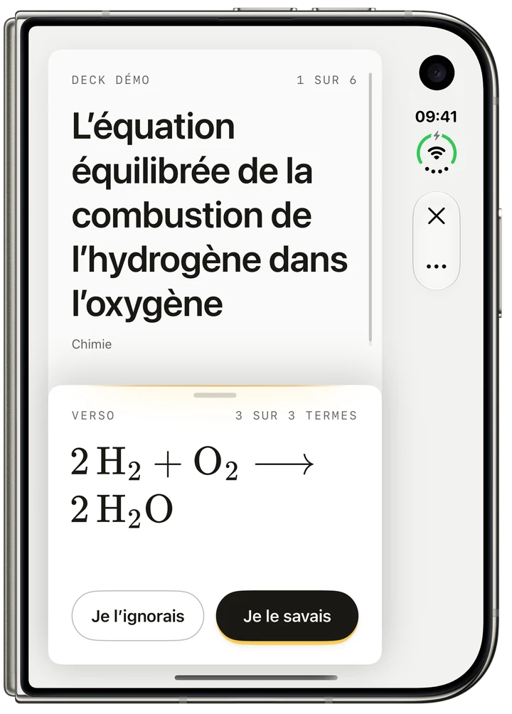 L’hydrogène brûle dans l’oxygène : 2 H2 plus O2 donnent 2 H2O.