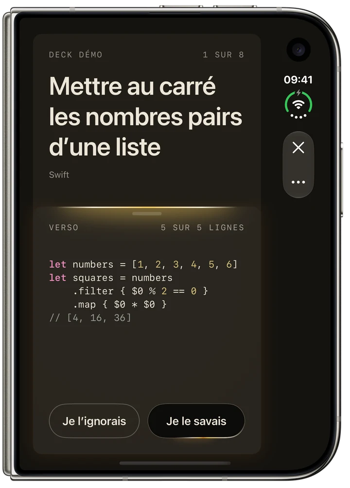 Du code Swift garde les nombres pairs de 1 à 6 et les met au carré : 4, 16 et 36.