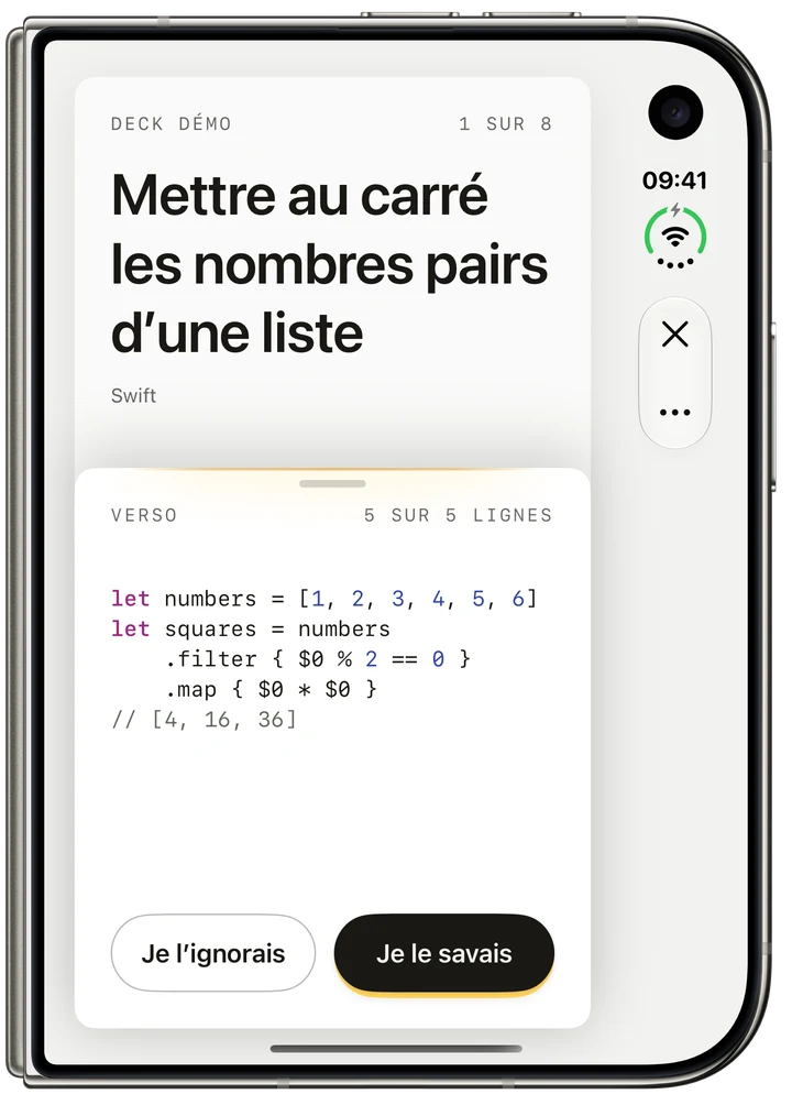 Du code Swift garde les nombres pairs de 1 à 6 et les met au carré : 4, 16 et 36.