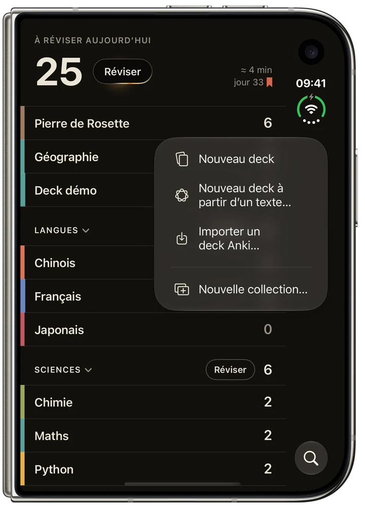 La liste des decks, le menu Ajouter un deck ouvert, avec Importer un deck Anki.