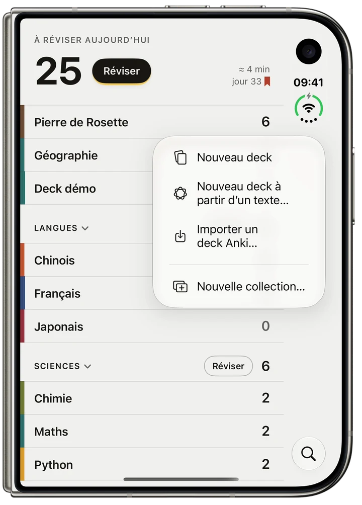 La liste des decks, le menu Ajouter un deck ouvert, avec Importer un deck Anki.