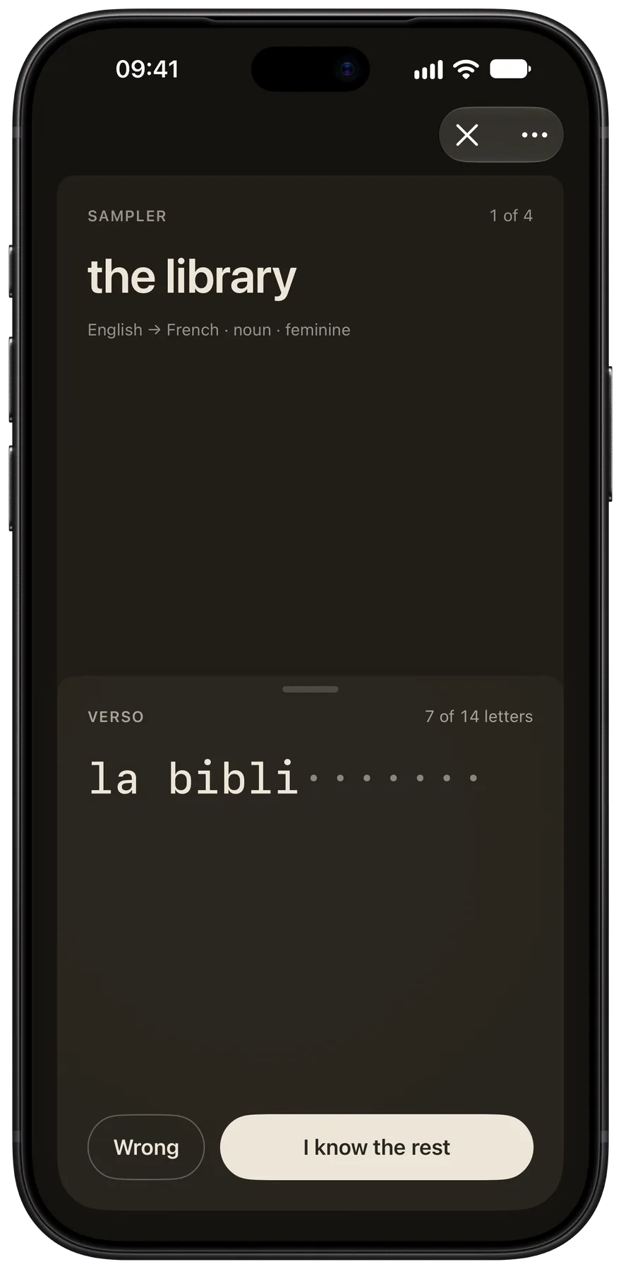 RectoVerso on iPhone 18 Pro Max, the answer pulled half up: la bibli and seven dots