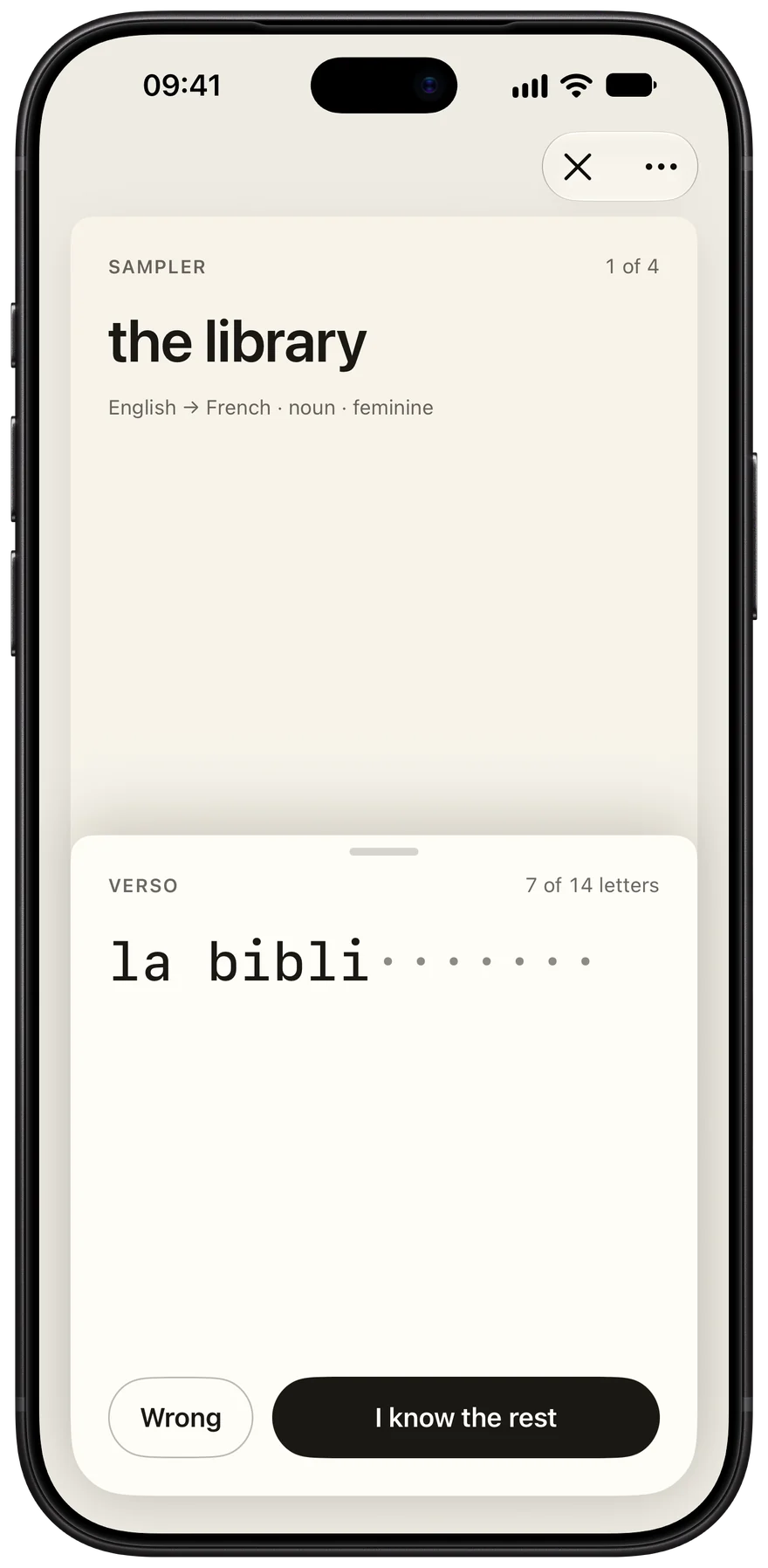 RectoVerso on iPhone 18 Pro Max, the answer pulled half up: la bibli and seven dots