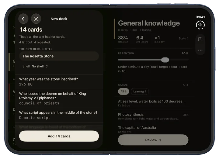 Cards drafted from a text, on the iPhone