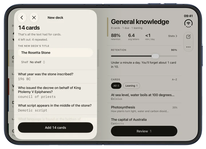Cards drafted from a text, on the iPhone